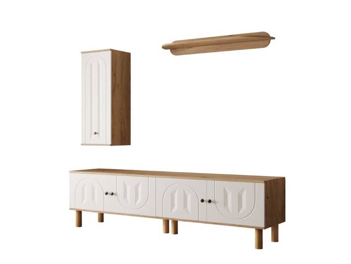 Ensemble de meubles de salon composé de trois pièces : armoire haute caisson et étagère murale.