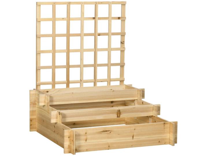 Outsunny Pflanzkasten aus Holz 3-stufiges Hochbeet mit Rankgitter für Gemüse Blumen Naturholz, Fichtefarben, 95x110x95 cm, Gartenzubehör, Hochbeete