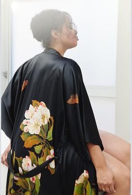 KIM + ONO Peony & Butterfly Plus Size Washable Silk Kimono Robe - Long   KIM+ONO - black / plus size