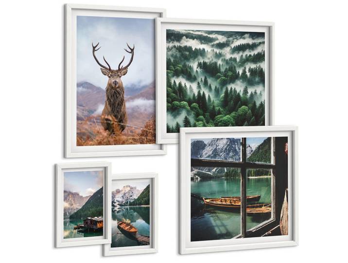 Tulup Bilder SET 5er Set - 50x50 cm & 20x30 cm & 40x60 cm Weißer Rahmen - Nebel auf dem Bergsee, Bootsfahrten, Nebel, Kunststoff, Rechteckig, 40x60 cm, gerahmt, Bilder & Rahmen, Bilder