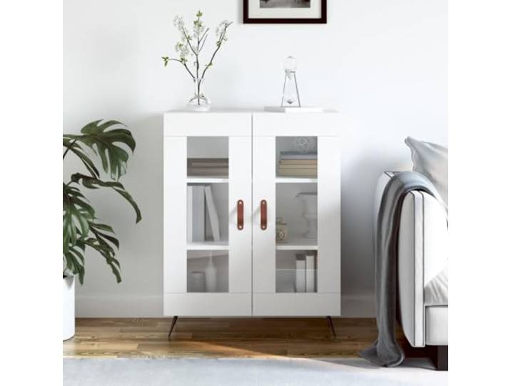 HEFZGDB Weißes Sideboard mit Glastüren zur Aufbewahrung und Präsentation aus Holzwerkstoff mit Metallfüßen und viel Stauraum im Glasdesign