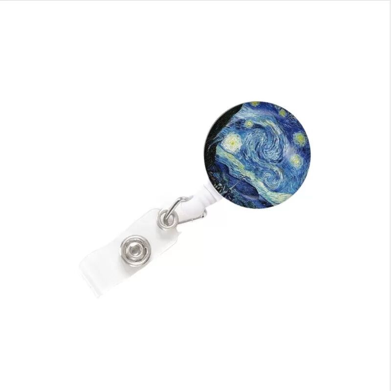 INF Porte-badge rétractable à clip crocodile rotatif avec motif marbré en verre Bleu