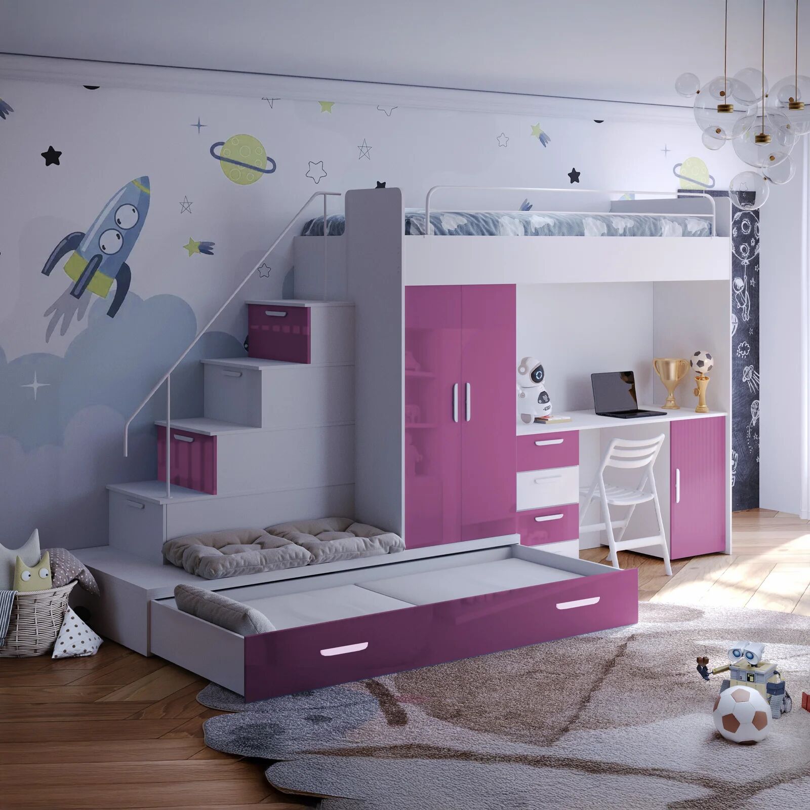 garneroarredamenti Cameretta bambini completa 2 letti singoli bianco rosa Diego Gihome®