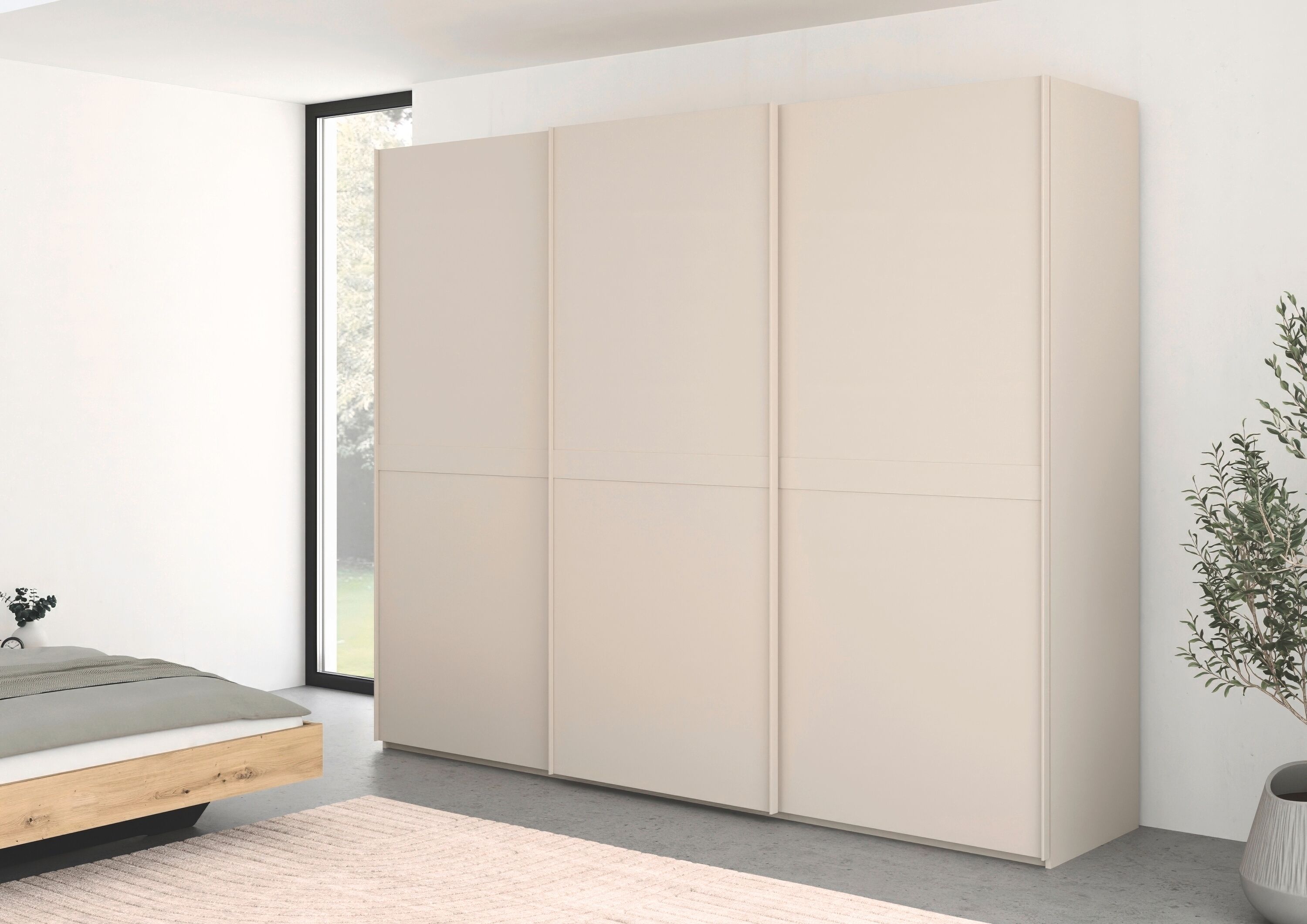 Schwebetürenschrank RAUCH "Kleiderschrank Schrank Garderobe Schlafzimmerschrank SCALE-LINE", beige (champagner), B:271cm H:223cm T:68cm, Holzwerkstoff, Schränke, Schwebetürenschrank, edle Optik mit Bauchbinde in Korpusfarbe Dekorfront MADE IN GERMANY cham