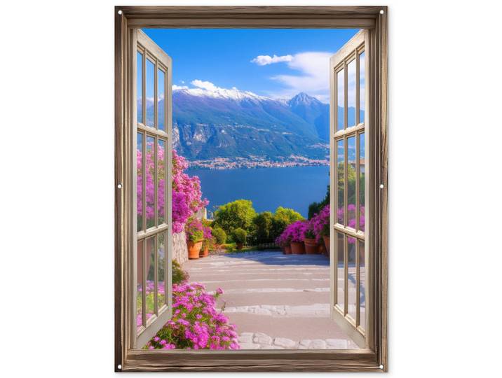 OnlyWow Gartenposter Durchblick - Berg - Landschaft - Ausblicke - See Gartendekoration 120x160 cm, Blau, Kunststoff, Rechteckig, 120x160x0.2 cm, Bilder & Rahmen, Bilder, Sonstige Wandbilder