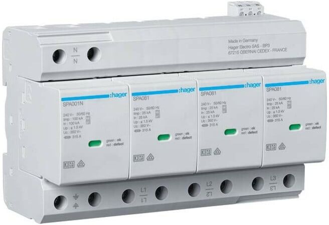 Hager Parafoudre combiné T1+T2 4P Uc350V Iimp SPA801 (SPA801)
