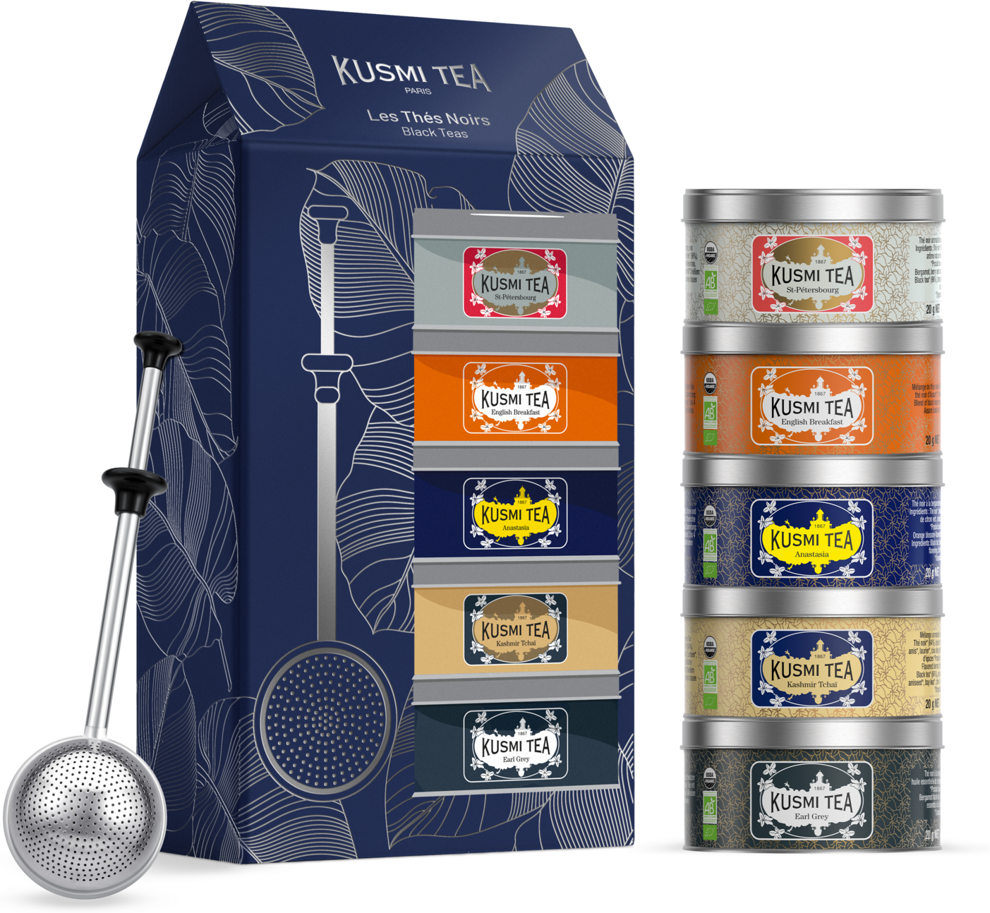 Geschenkset Schwarztees bio mit Teesieb   - 5 Miniaturen, schwarzer Tee, lose, teesieb am Stab - Kusmi Tea