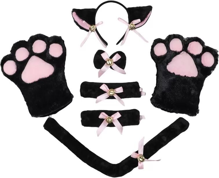 INF Ensemble mitaines et bandeau pattes de chat mignonnes Le noir