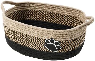 Market Central Handmade Woven Dog Toy Basket With Handle Paw Print Pet Storage Organizer black Beige