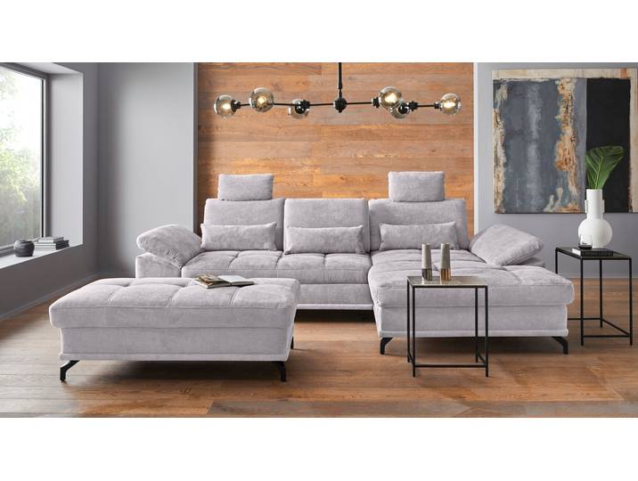 Ecksofa GOODPRODUCT Costello L-Form, Sitztiefen- & Armteilverstellung, 3 Nierenkissen , silber, B:301cm H:89cm T:176cm, 100% Polyester;Samtoptik (100% Polyester), Sofas, Ecksofa, mit Schlaffunktion & Stauraum, Federkern