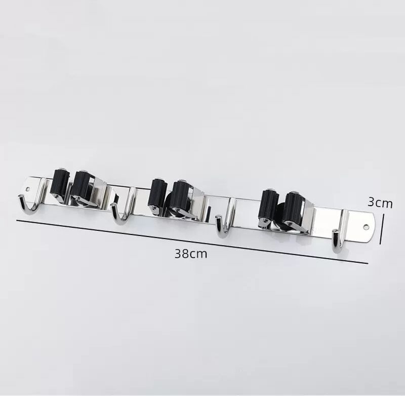 INF Support Mural pour Balais et Mops - 3 Pinces et 4 Crochets - Acier Inoxydable 304