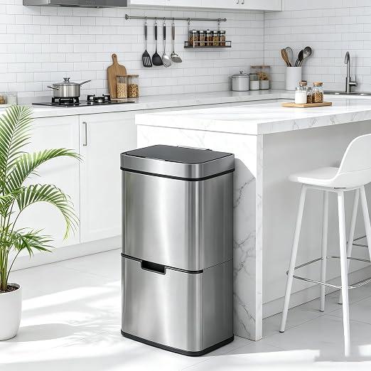 72L Sensor-Mülleimer Edelstahl 3+1 Fächer Mülltrennung, 2x12L+1x48L, Fingerabdruckresistent, Geruchsisolierend, Leises Schließen, für Küche & Büro, Silber