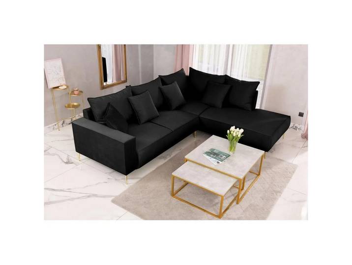 Muffo Ecksofa MONTE, Sitz aus HR-Schaum, hohe goldene Metallbeine, große Anzahl von Zierkissen