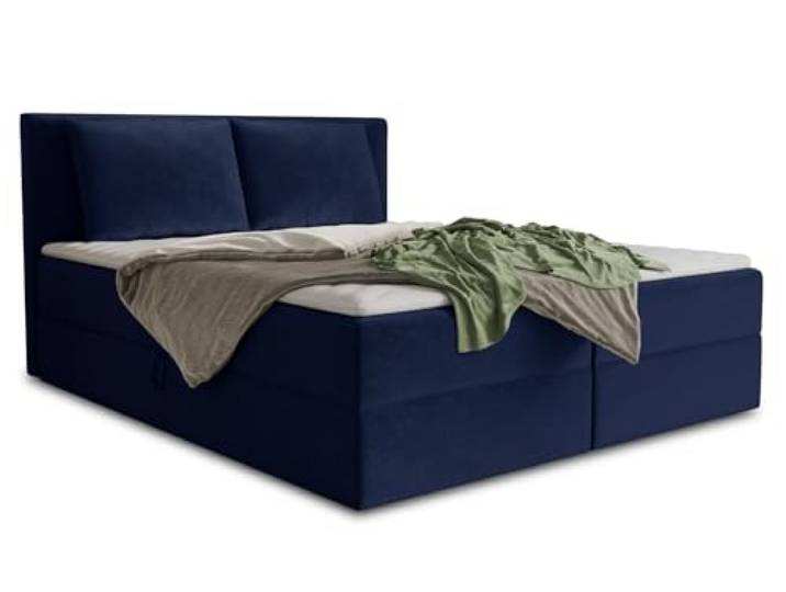 Sofnet Boxspringbett Egro mit 2 Bettkästen und Zwei große Kissen - Doppelbett mit Bonell-Matratze und Topper, Polsterbett, Bett, Bettgestell Schlafzimmer (Dunkelblau (Kronos 09), 180 x 200 cm)