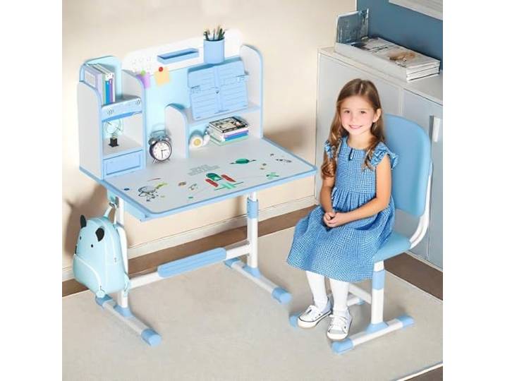 ilkqeppe Kinder-Schreibtisch- und Stuhl-Set, Kinderschreibtische, Jungen-Mädchen-Schreibtisch für Kinderzimmer, höhenverstellbarer Kinder-Lerntisch und Stuhl-Set mit Sitzhaltungskorrektur, Schublade