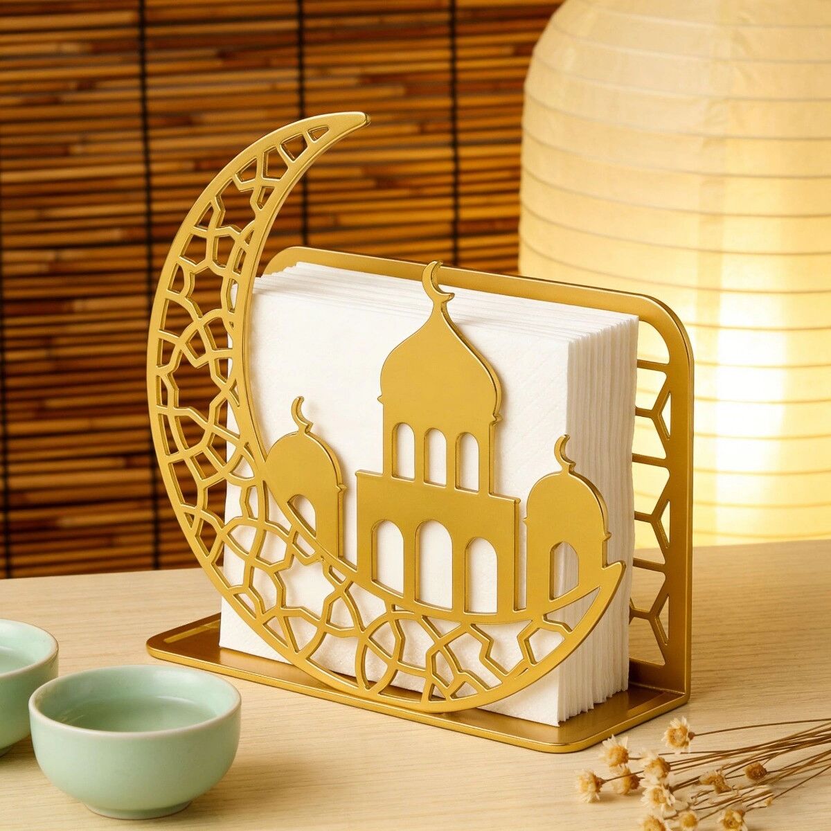 INF Porte-serviettes Lune et Étoile en Fer - Support Vertical Doré, Élément Décoratif Stable pour Table