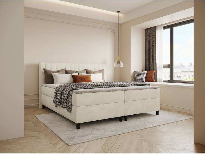 Komplettes Boxspring-Set mit vertikal genähtem Kopfteil + Unterfederung + Matratze + Topper - 2 x 90 x 200 cm - Samt - Beige - DONISI von PALACIO