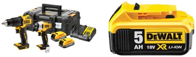 Set DeWalt 18V XR Akku-Kombopack (bürstenlos) inkl. Schlagbohrschrauber DCD709 + DeWalt 18,0V / 5,0 Ah Ersatz-Akku