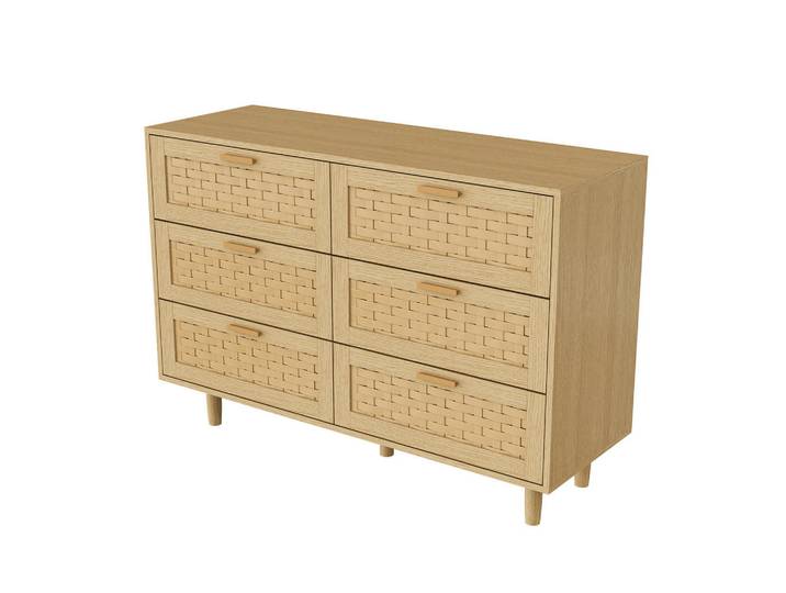 Shopentra Sideboard in Eichenoptik mit 6 Schubladen & Rattan-Imitation, Naturfarben, 40x80x115 cm, Kleinmöbel, Kommoden, Kommoden