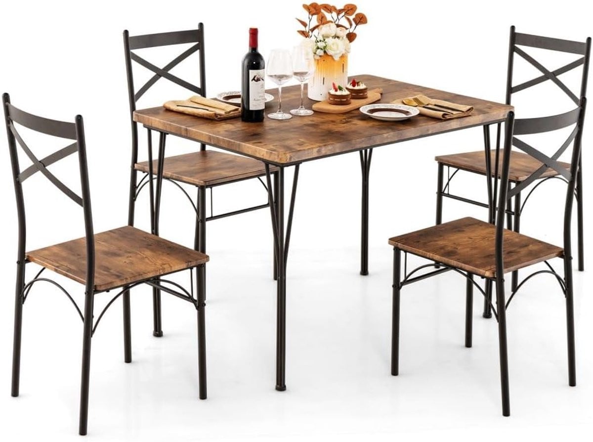 5-delige Eetkamer Set met Eettafel en Stoelen in Bruin Zwart
