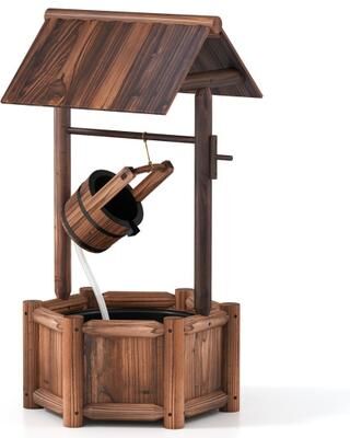 Costway Garden Rustic Wishing Well Wooden Water Fountain with Pump