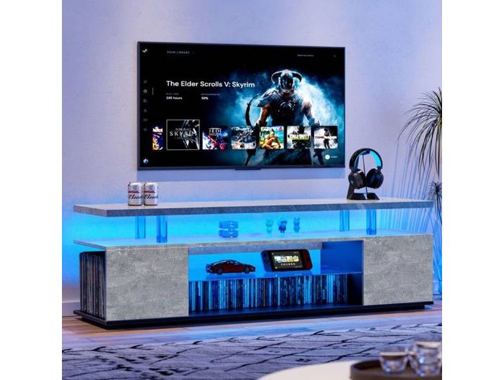 Meuble TV Gris Et Noir 130x40x48cm Pour Écran 60 Pouces Centre Divertissement Rangement Multimédia Avec Meuble Latéral Pour Salon