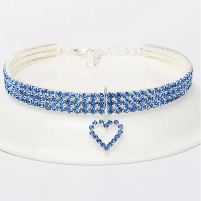 Inspire Picks Three Row Rhinestone Pet Collar Rhinestone Pet Collar For Cats & Dogs With Elegant Heart Charm Design love Collar Blue l