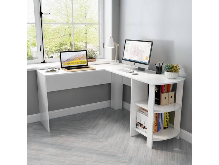 Mondeer Bureau d'angle Bureau informatique en L avec 2 étagères arrondies Grand pour le bureau Salon Bureau blanc