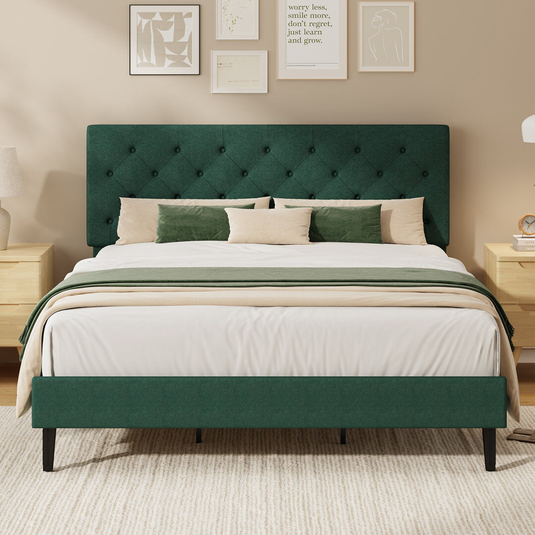 Rebrilliant Bed Frames with Button Tufted Headboard, Linen Upholstered Bed with Wooden Slats Support Green 150x200