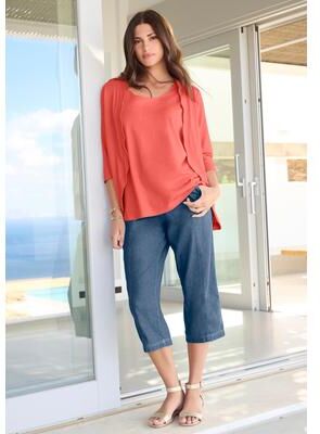 Plus Size Women's Scalloped Cardigan and Tank Set by Roaman's in Sunset Coral (Size 12)