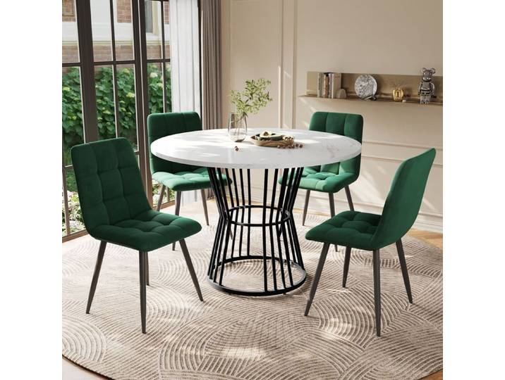 Kit de table à manger (5 pièces) Kit de table de cuisine Plaque de table MDF blanche Chaises de salle à manger vertes velours