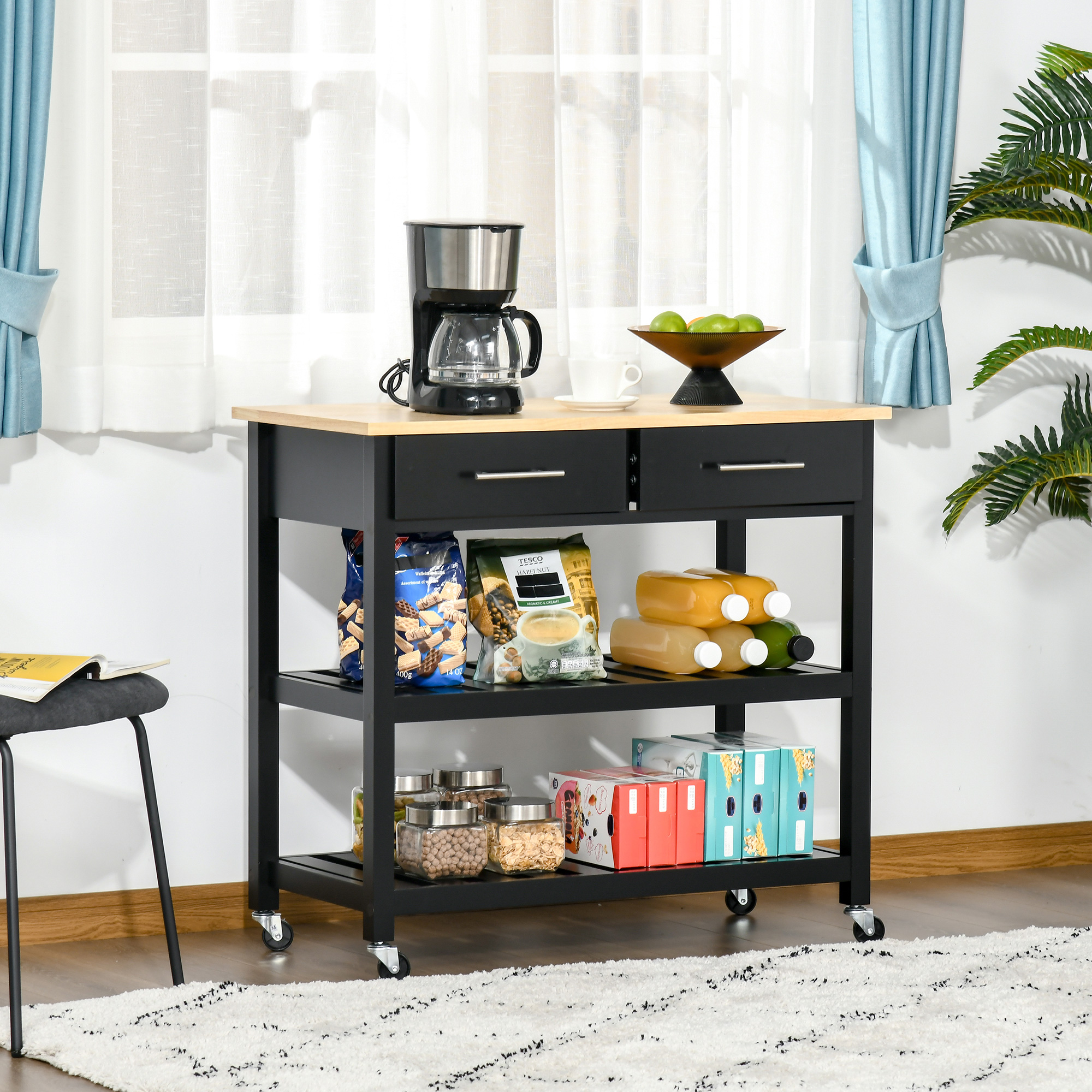 Homcom Carrello di servizio per la cucina con ruote, 2 ripiani, 2 cassetti nero legno naturale