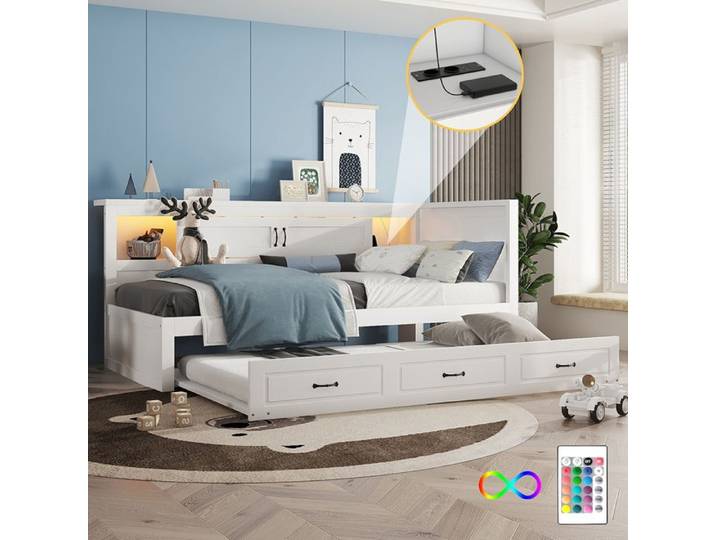 Lit 90x200cm compartiment de rangement et Lit gigogne prise + USB éclairage d'ambiance - SWEIKO - Blanc