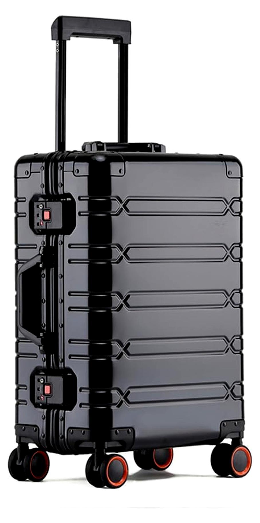 Fluggesellschaften zugelassener Hartschalenkoffer aus Aluminium und Magnesium, Hartschalenkoffer mit TSA-Schloss, Trolley aus Metall, kariert, für Business und Reisen, Schwarz, 50,8 cm, Modern