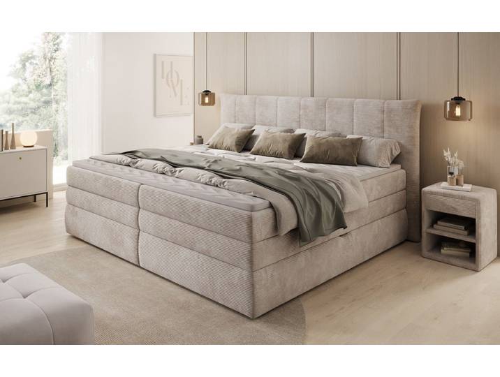 Familien Boxspringbett Stella in 220-240x200 mit Stauraum in Cord - 220x200 - Grün - H2 (Weich) - Luxusbetten24
