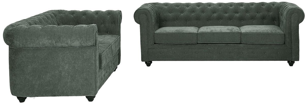 Vente-unique Chesterfield driezitsbank en tweezitsbank in groene stof