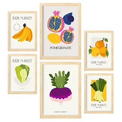 POSTER Set Mit 6 Lebensmittel Und Ernährungs Früchte Und Gemüse Natur Und Botanikdrucke Für Innenarchitektur A3 & A4 Rahmen Aus Hellem Holz