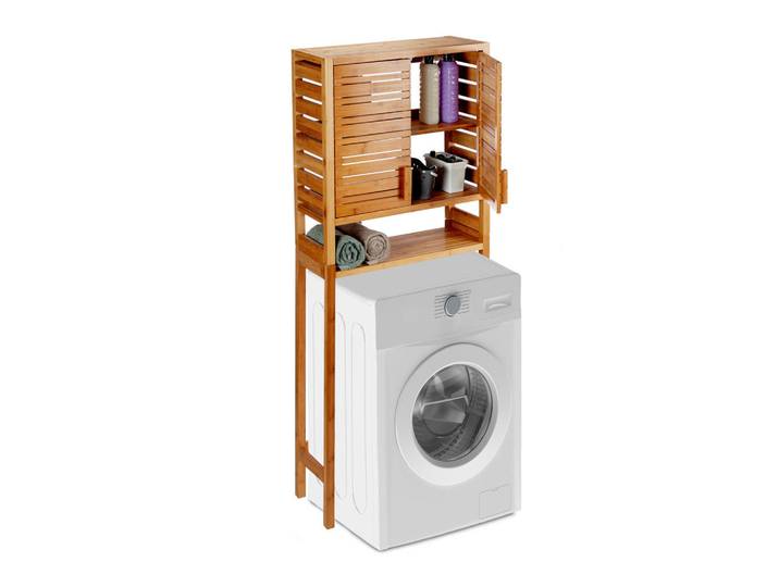 Relaxdays Waschmaschinenschrank Natur Bambus, Hellbraun, Holz, 66x164.5x26 cm, Waschküche, Waschmaschinenschrank