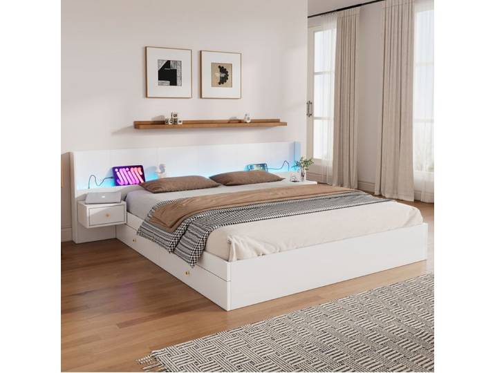 Lit double en bois - 180x200 cm - Éclairage LED - USB - Contrôle par application