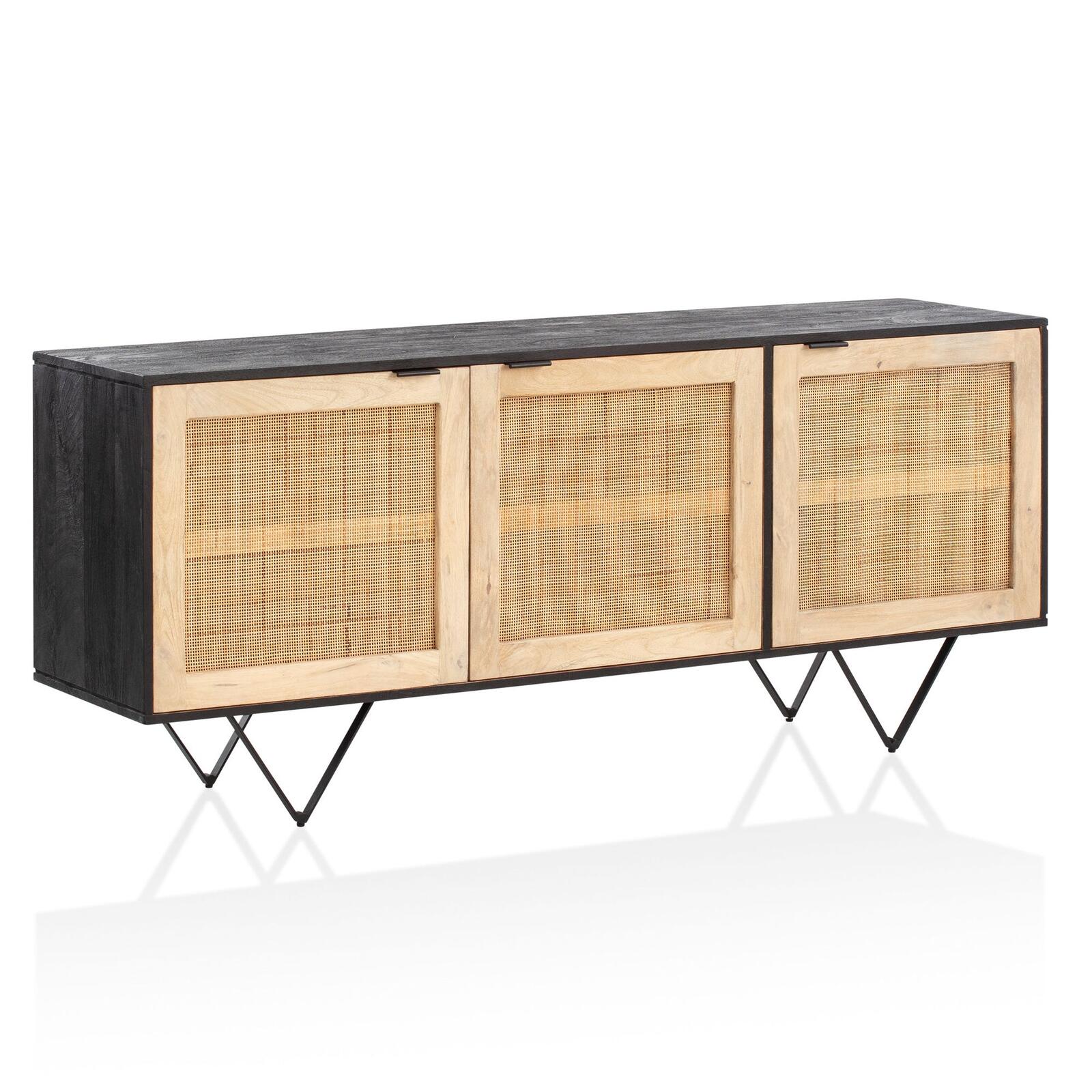 WOHNLING Sideboard 175x75x45 cm Mango Massivholz / Rattan, mit 3 Türen WL6.799