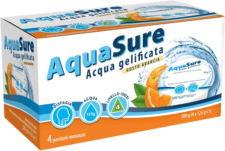 AquaSure Acqua Gelificata Arancia Alimento a fini medici speciali 4 Pezzi