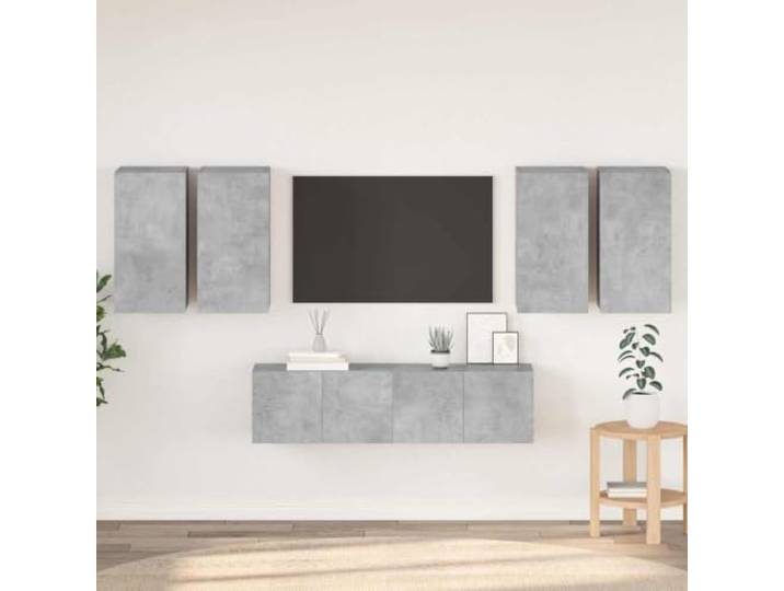 HEFZGDB 6-TLG. TV-Schrank-Set Betongrau Holzwerkstoff Wandmontage Stauraum Organizer