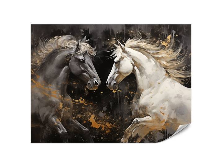 FOTOTAPETE für Büro Schwarz-Weiß Pferd Aquarell Goldakzente Eleganz 200x140