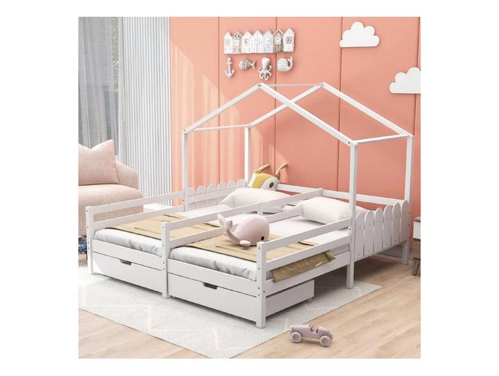 LuxusKollektion Hausbett Kinderbett Hausbett Weiss 90x200 Stauraum 2 Kinder
