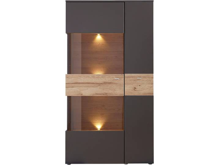 Vitrine FORTE Como , grau (grau, eichefarben), B:90cm H:168cm T:41cm, FSC-zertifizierter Holzwerkstoff, Schränke, Vitrine, Highboard, LED Beleuchtung Einlegeböden, Glastüre, Soft Close