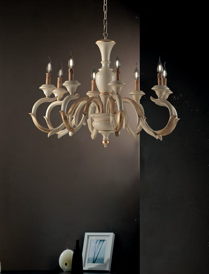 Nabucco Lampadario Shabby A 8 Luci In Legno Avorio Oro