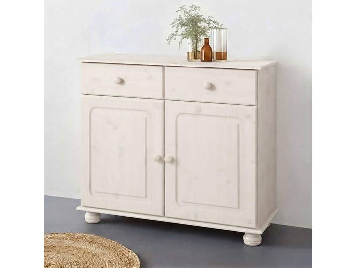 Sideboard GOODPRODUCT Mette Kommode mit 2 Türen & 1 Schubladen, die optisch geteilt ist , weiss (weiß), B:80cm H:77cm T:34cm, Massivholz, Sideboards, Sideboard, Kommode mit gefrästen, kugelförmigen Füssen, 2 Türen und 1 Schublade