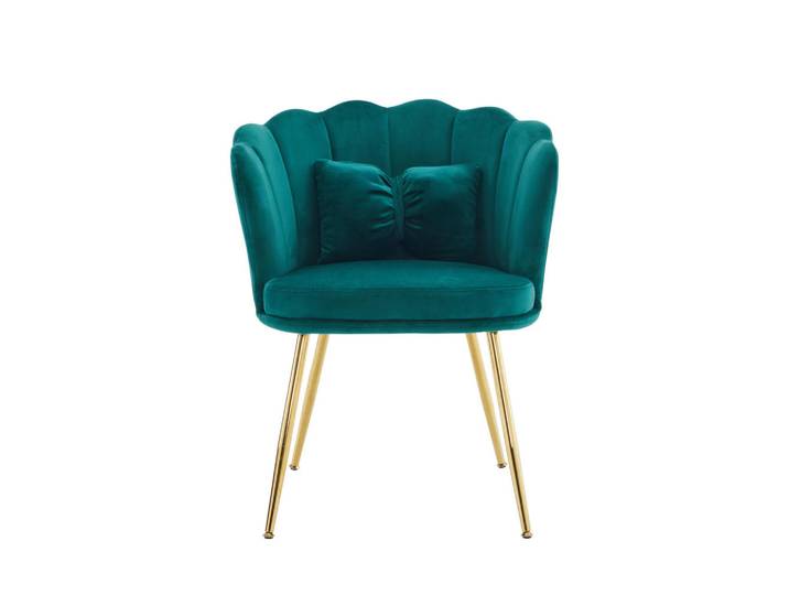 Flieks Sessel Samt Blütenblatt-Rückenlehne Goldfüße & Kissen Grün, Holz, 62x43x54 cm, Esszimmer, Stühle, Armlehnstühle