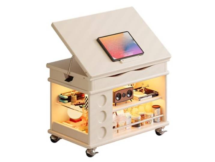 MJJRWF Höhenverstellbarer Couchtisch mit Stauraum und Rollen Drehbar um 180 Grad, Neigbar um 45 Grad, 200 Pfund Tragkraft, Mobiler Beistelltisch(Style3)