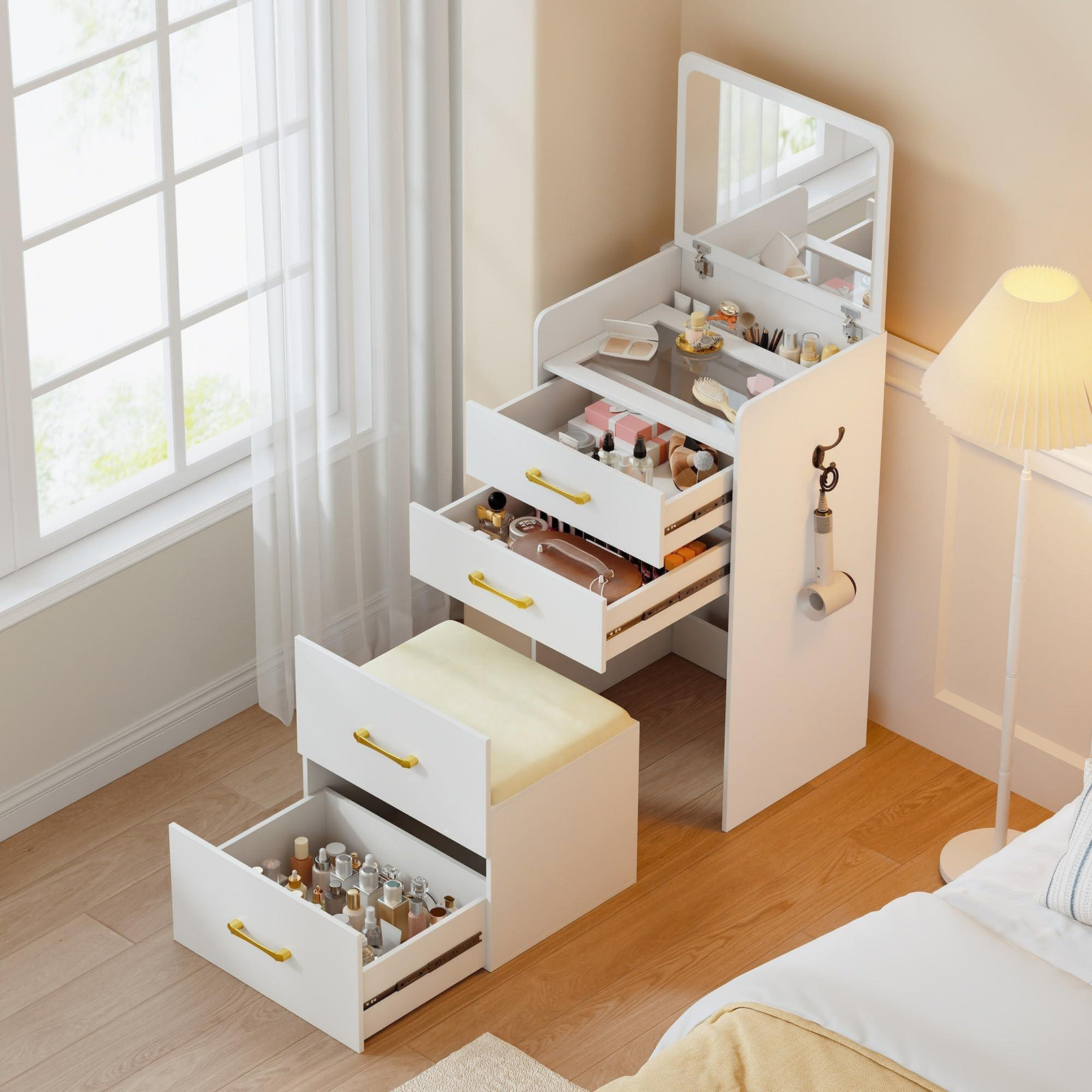 Omgoods Hoek Make-uptafel met Spiegel en Opbergruimte